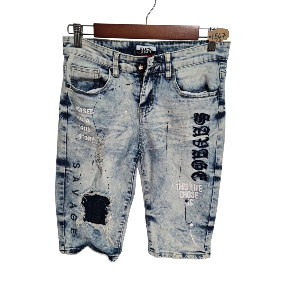 Rock Salt Boys Acid Wash Distressed Savage Graphic Denim Shorts Light Blue SZ 14